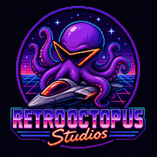 RetroOctopus Studios: a purple octopus in neon sunglasses riding a pixel-art spaceship