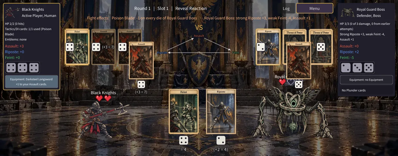 A Throne of Power fight: a Black Knight faces the Royal Guard Boss, with the cards and dice of the first slot revealed